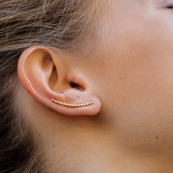 Sterling Silver Beaded Gold Toned Ear Climber Studded Earrings - Picture 4 of 6